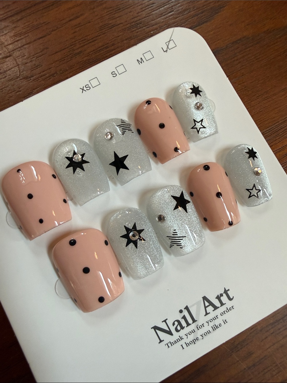 Nail Art Press-On Nails in Nude & Silver with Star Accents - Short Large